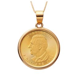 24金(純金)チャールズ国王メイプルリーフ 1/10オンスコイン・18金チェーン枠ネックレス