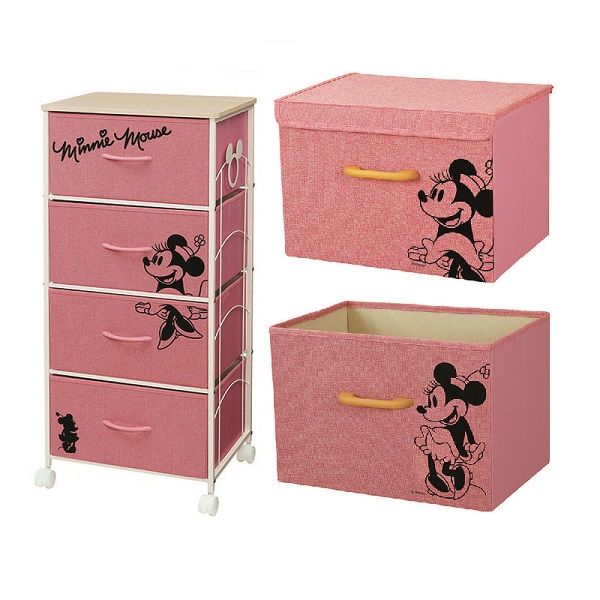 ファブリックチェスト4段 45Wピンク/ミニー ピンク + フロッキー