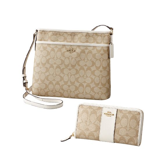 ☆正規品【COACH】コーチショルダーバック　ラウンドファスナー財布セット ショルダーバッグ+ラウンドファスナー長財布 2点セット（ライトカーキ