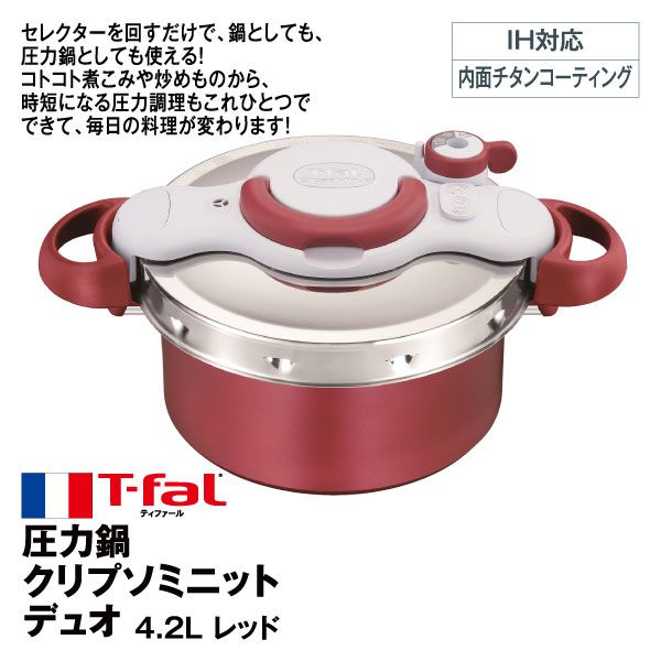 ステンレス圧力鍋 赤いアクセント 圧力鍋 クリプソミニットデュオ 4.2L(T-FAL)の商品詳細ページ｜【九州