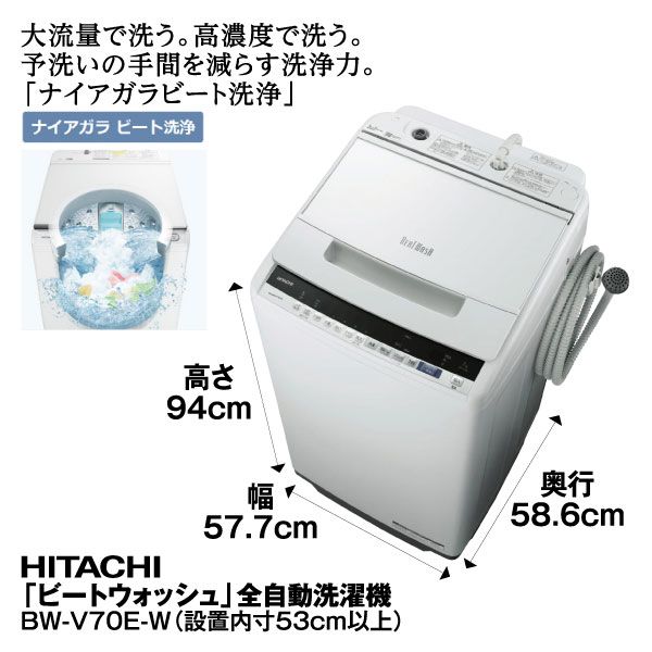ビートウォッシュ】全自動洗濯機<BW-V70E-W>(日立)の商品詳細ページ