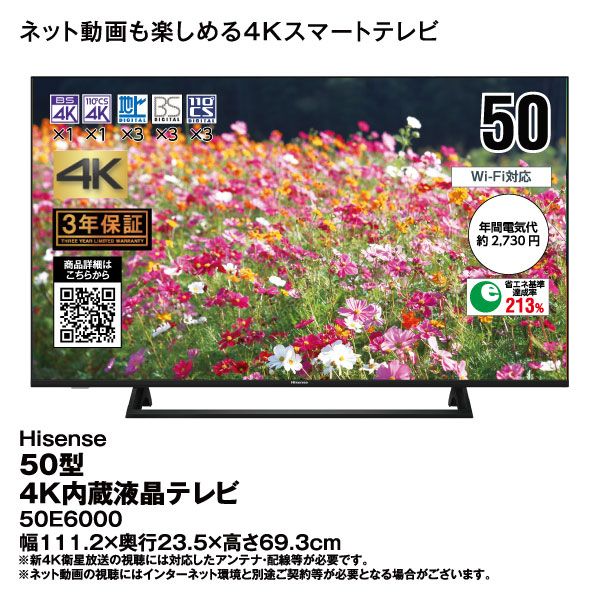 4K】Hisense 液晶テレビ 50E6000 2020年製