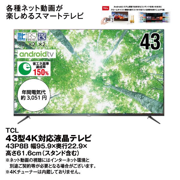 43型4K対応液晶テレビ 43P8B(TCL)の商品詳細ページ｜【九州】イオン