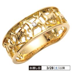 18金　ダイヤ　馬九行久(うまくいく)リング　0.01ct　リング幅：最大約7mm、総重量：約3.2g